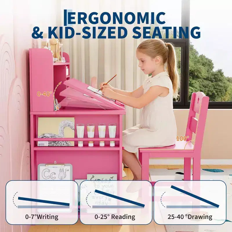 Ensemble Bureau et Chaise d'Étude Acekool pour Enfants avec Étagère, Plateau Inclinable et Rangement pour Chambre à Coucher et École