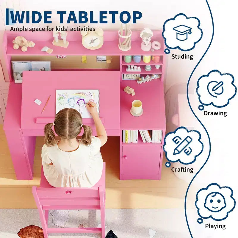 Ensemble Bureau et Chaise d'Étude Acekool pour Enfants avec Étagère, Plateau Inclinable et Rangement pour Chambre à Coucher et École