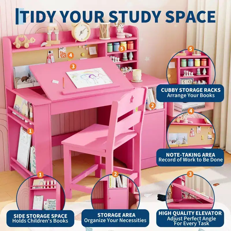 Ensemble Bureau et Chaise d'Étude Acekool pour Enfants avec Étagère, Plateau Inclinable et Rangement pour Chambre à Coucher et École