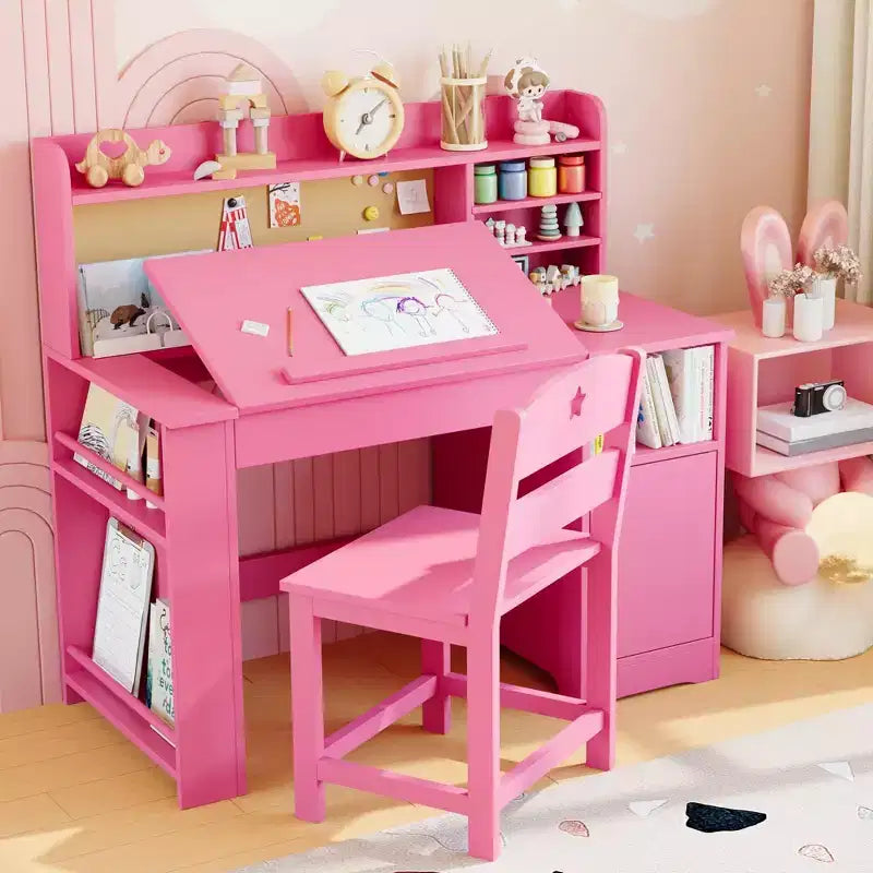 Ensemble Bureau et Chaise d'Étude Acekool pour Enfants avec Étagère, Plateau Inclinable et Rangement pour Chambre à Coucher et École