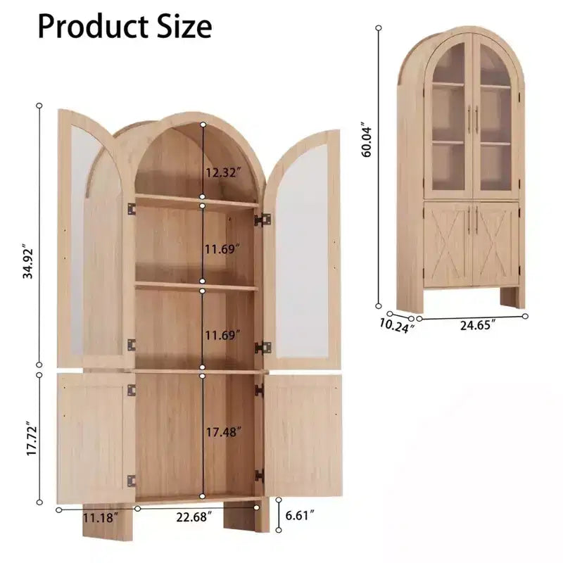 Arched Display Cabinet 60 Kitchen Storage with Adjustable Shelves Glass Doors Modern Wood Pantry for Bathroom Entryway Dining Room