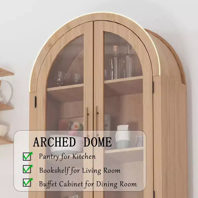 Arched Display Cabinet 60 Kitchen Storage with Adjustable Shelves Glass Doors Modern Wood Pantry for Bathroom Entryway Dining Room