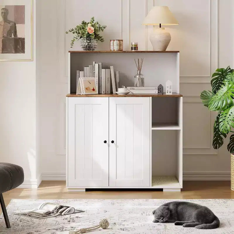DobleePy Grande Chatière Meuble avec Tapis à Griffer, Cache Litière Anti-Chien pour Litières Autonettoyantes, Meuble de Salon