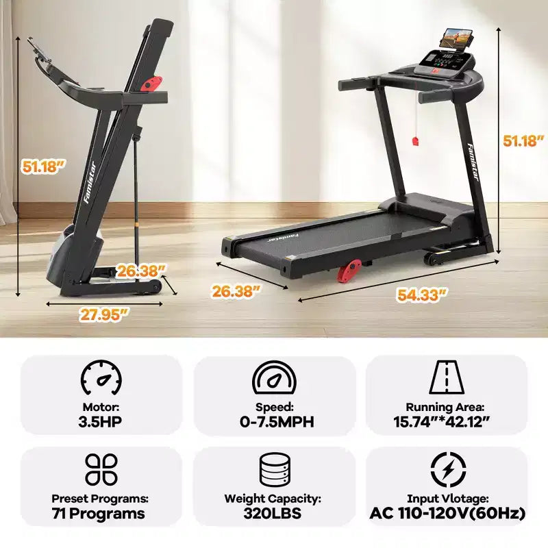 Tapis roulant 3.55HP en liquidation avec inclinaison de 10%, capacité de 320lb, pliable, tapis de course domestique 7.5MPH, 71 programmes intelligents, contrôle par APP, pour la course et la marche, avec genouillères gratuites