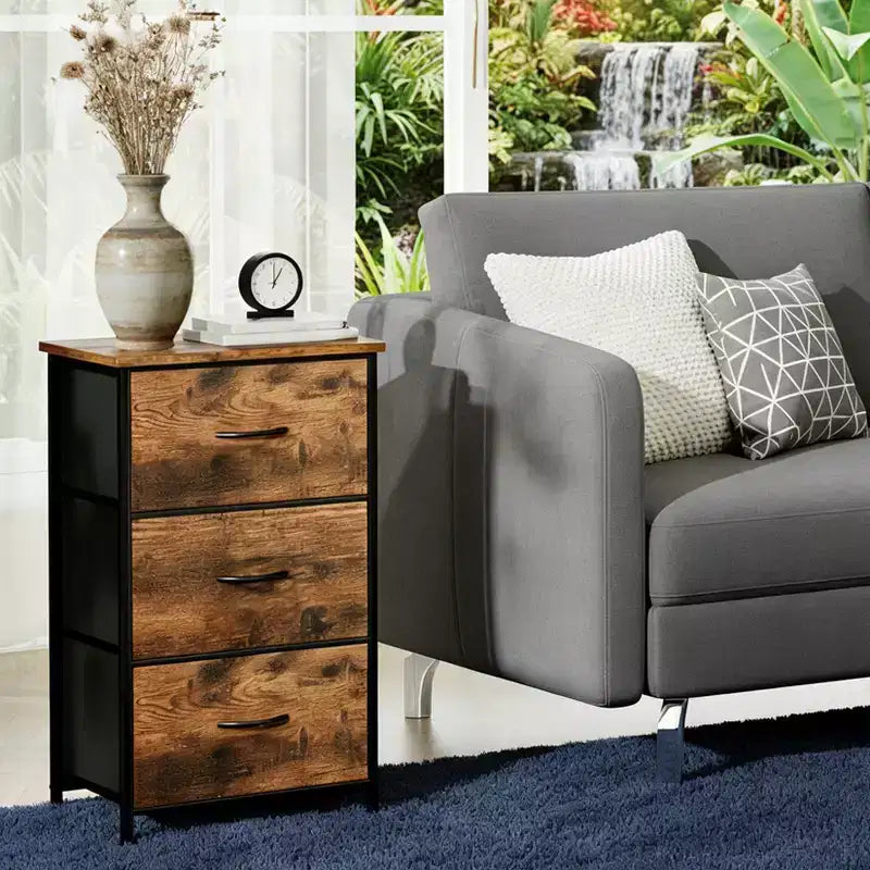 COZONY 3 Drawer Dresser with Fabric Bins, Compact Wood Grain Storage Organizer for Bedroom, Closet, Entryway