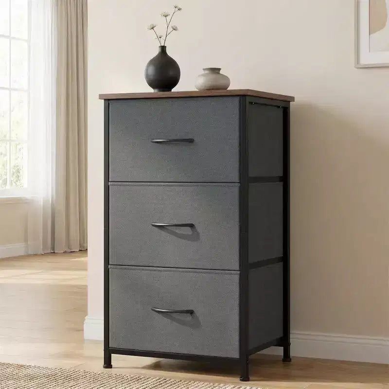 COZONY 3 Drawer Dresser with Fabric Bins, Compact Wood Grain Storage Organizer for Bedroom, Closet, Entryway