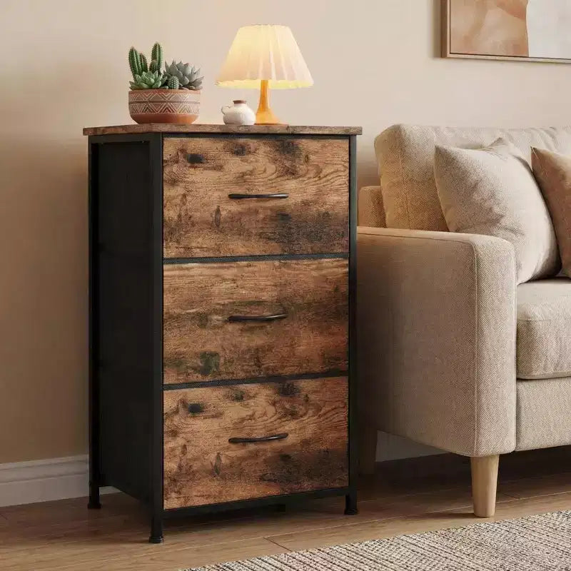 COZONY 3 Drawer Dresser with Fabric Bins, Compact Wood Grain Storage Organizer for Bedroom, Closet, Entryway