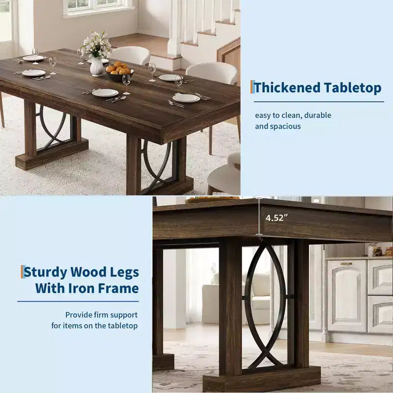 Table de salle à manger élégante et durable pour la maison et le restaurant, plateau rectangulaire épais, piétement double colonne robuste, idéale pour les espaces de repas modernes
