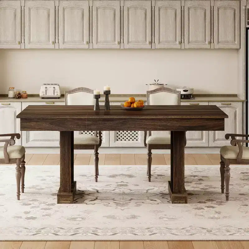 Table de salle à manger élégante et durable pour la maison et le restaurant, plateau rectangulaire épais, piétement double colonne robuste, idéale pour les espaces de repas modernes