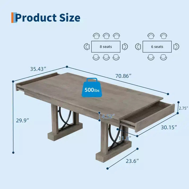 Table de salle à manger élégante et durable pour la maison et le restaurant, plateau rectangulaire épais, piétement double colonne robuste, idéale pour les espaces de repas modernes
