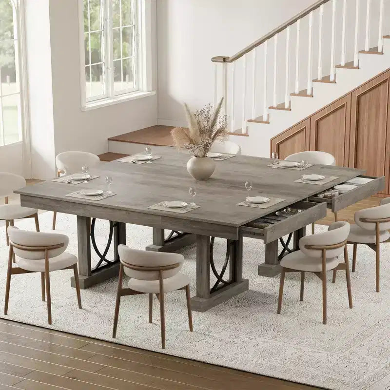 Table de salle à manger élégante et durable pour la maison et le restaurant, plateau rectangulaire épais, piétement double colonne robuste, idéale pour les espaces de repas modernes