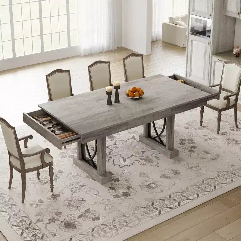 Elegant and Durable Dining Table for Home and Restaurant, Thick Rectangular Top, Sturdy Double Pedestal Frame, Ideal for Modern Dining Spaces