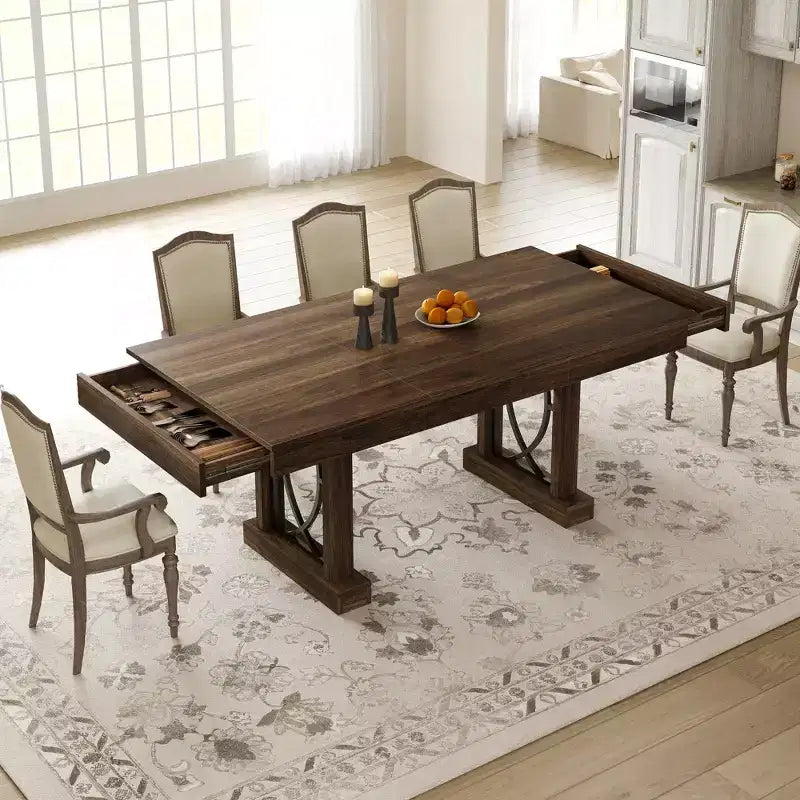 Table de salle à manger élégante et durable pour la maison et le restaurant, plateau rectangulaire épais, piétement double colonne robuste, idéale pour les espaces de repas modernes