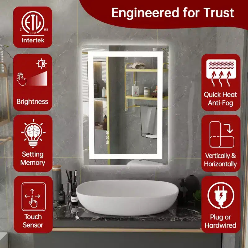 SUMERAIN 20x28 LED Bathroom Mirror with Dimmable Touch Control, Anti-Fog ETL Wall Vanity Mirror