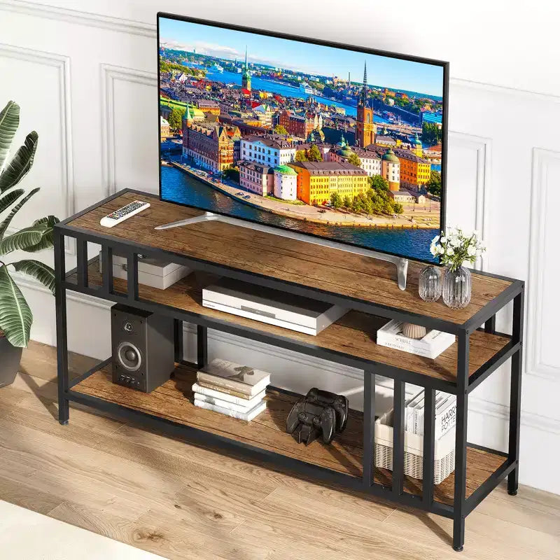 Meuble TV rustique marron de 58 pouces – pour téléviseurs jusqu'à 65 pouces, support à quatre tubes, étagères de rangement ouvertes, meuble de divertissement robuste pour salon et chambre