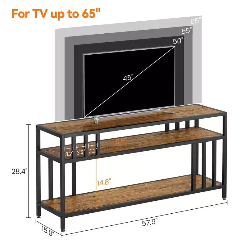 Meuble TV rustique marron de 58 pouces – pour téléviseurs jusqu'à 65 pouces, support à quatre tubes, étagères de rangement ouvertes, meuble de divertissement robuste pour salon et chambre