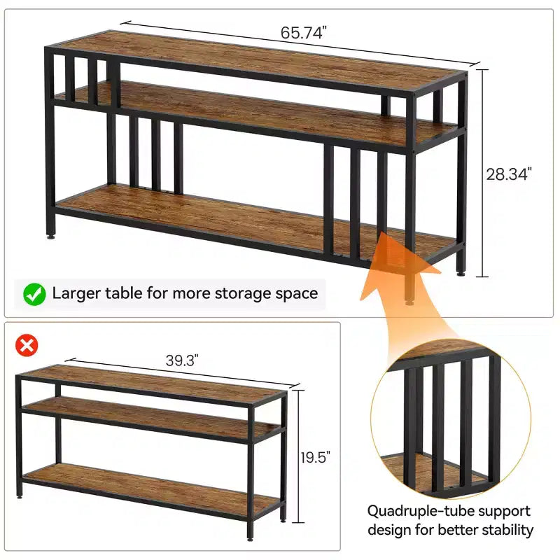 Meuble TV rustique marron de 58 pouces – pour téléviseurs jusqu'à 65 pouces, support à quatre tubes, étagères de rangement ouvertes, meuble de divertissement robuste pour salon et chambre