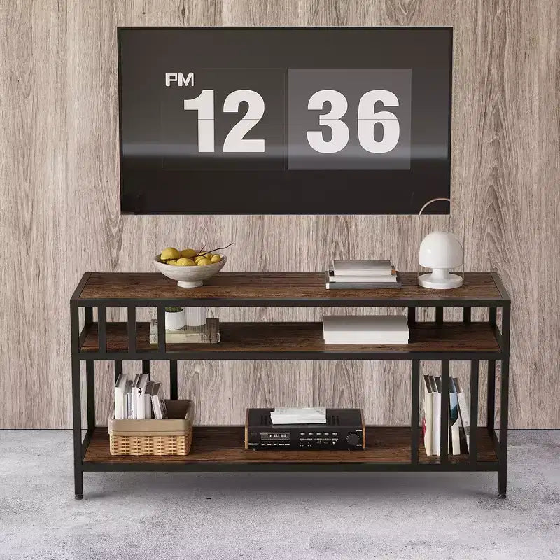 Meuble TV rustique marron de 58 pouces – pour téléviseurs jusqu'à 65 pouces, support à quatre tubes, étagères de rangement ouvertes, meuble de divertissement robuste pour salon et chambre