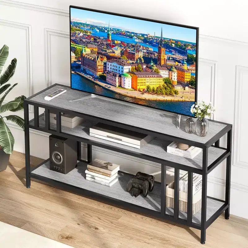 Meuble TV rustique marron de 58 pouces – pour téléviseurs jusqu'à 65 pouces, support à quatre tubes, étagères de rangement ouvertes, meuble de divertissement robuste pour salon et chambre