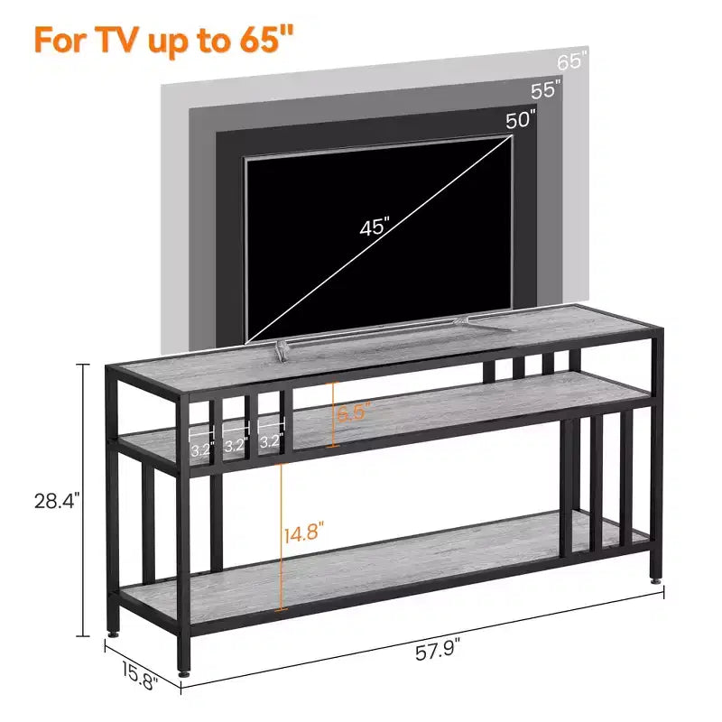 Meuble TV rustique marron de 58 pouces – pour téléviseurs jusqu'à 65 pouces, support à quatre tubes, étagères de rangement ouvertes, meuble de divertissement robuste pour salon et chambre
