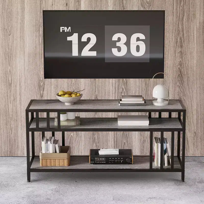 Meuble TV rustique marron de 58 pouces – pour téléviseurs jusqu'à 65 pouces, support à quatre tubes, étagères de rangement ouvertes, meuble de divertissement robuste pour salon et chambre
