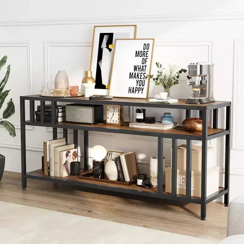 Meuble TV rustique marron de 58 pouces – pour téléviseurs jusqu'à 65 pouces, support à quatre tubes, étagères de rangement ouvertes, meuble de divertissement robuste pour salon et chambre