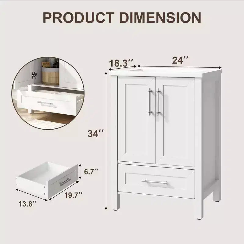 Meuble sous-vasque de salle de bain avec évier en céramique, meuble de rangement avec tiroir, 2 portes à fermeture douce, plan intégré pour salle de bain