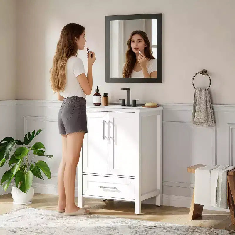 Meuble sous-vasque de salle de bain avec évier en céramique, meuble de rangement avec tiroir, 2 portes à fermeture douce, plan intégré pour salle de bain