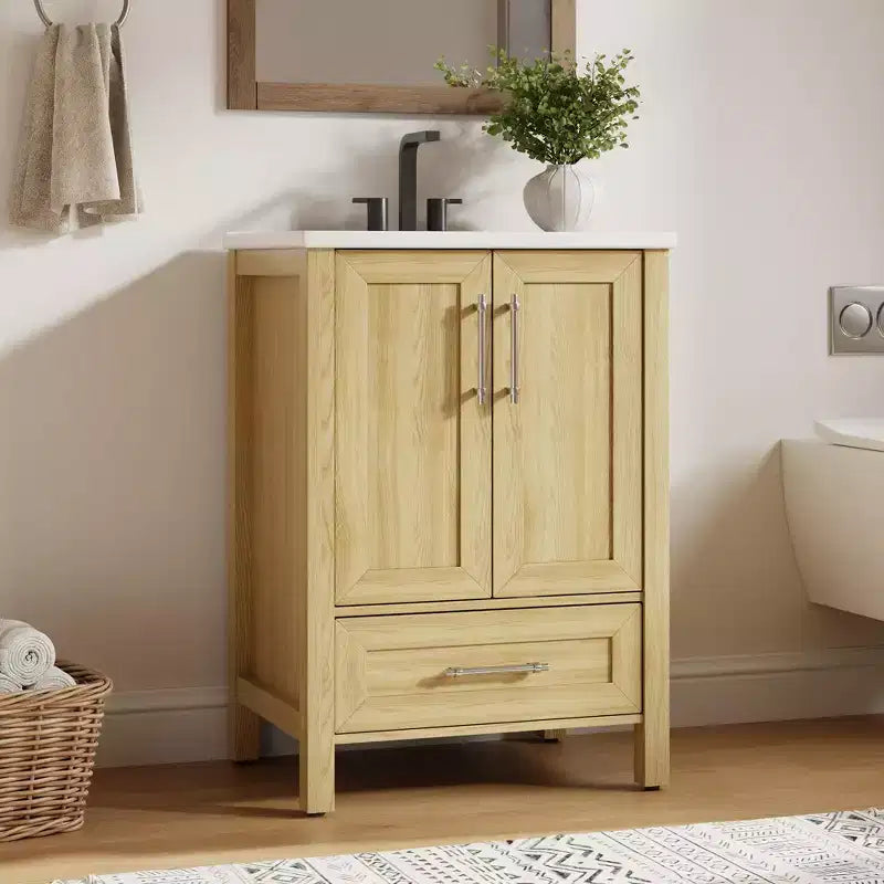 Meuble sous-vasque de salle de bain avec évier en céramique, meuble de rangement avec tiroir, 2 portes à fermeture douce, plan intégré pour salle de bain