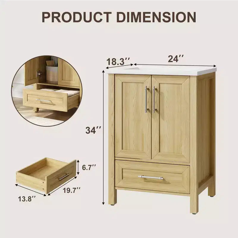 Meuble sous-vasque de salle de bain avec évier en céramique, meuble de rangement avec tiroir, 2 portes à fermeture douce, plan intégré pour salle de bain