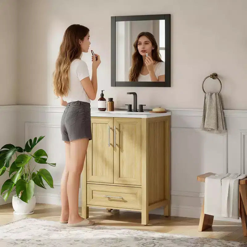 Meuble sous-vasque de salle de bain avec évier en céramique, meuble de rangement avec tiroir, 2 portes à fermeture douce, plan intégré pour salle de bain