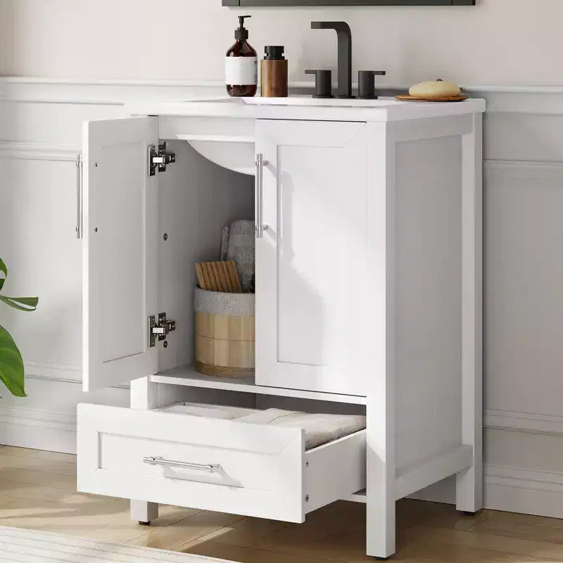 Meuble sous-vasque de salle de bain avec évier en céramique, meuble de rangement avec tiroir, 2 portes à fermeture douce, plan intégré pour salle de bain