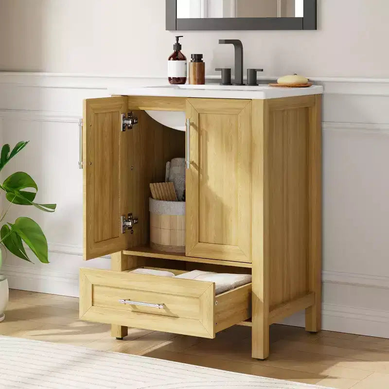 Meuble sous-vasque de salle de bain avec évier en céramique, meuble de rangement avec tiroir, 2 portes à fermeture douce, plan intégré pour salle de bain