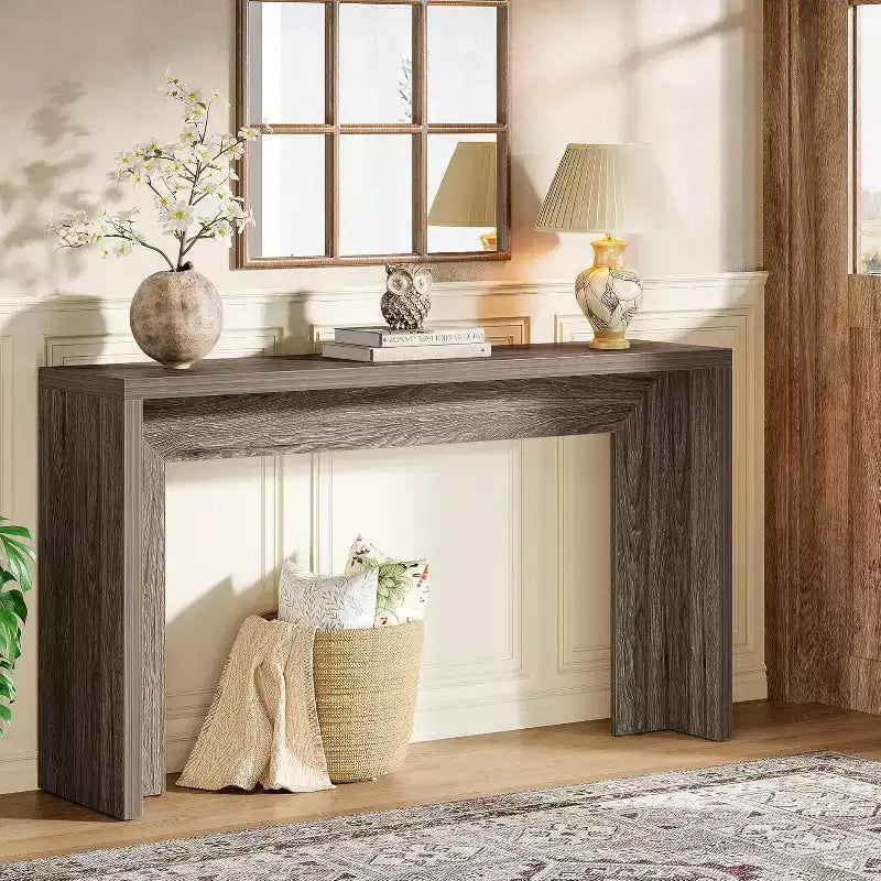 Console de ferme Lantine, table de canapé en bois de 140 cm avec rangement pour entrée, foyer, couloir, salon, assemblage facile (gris)