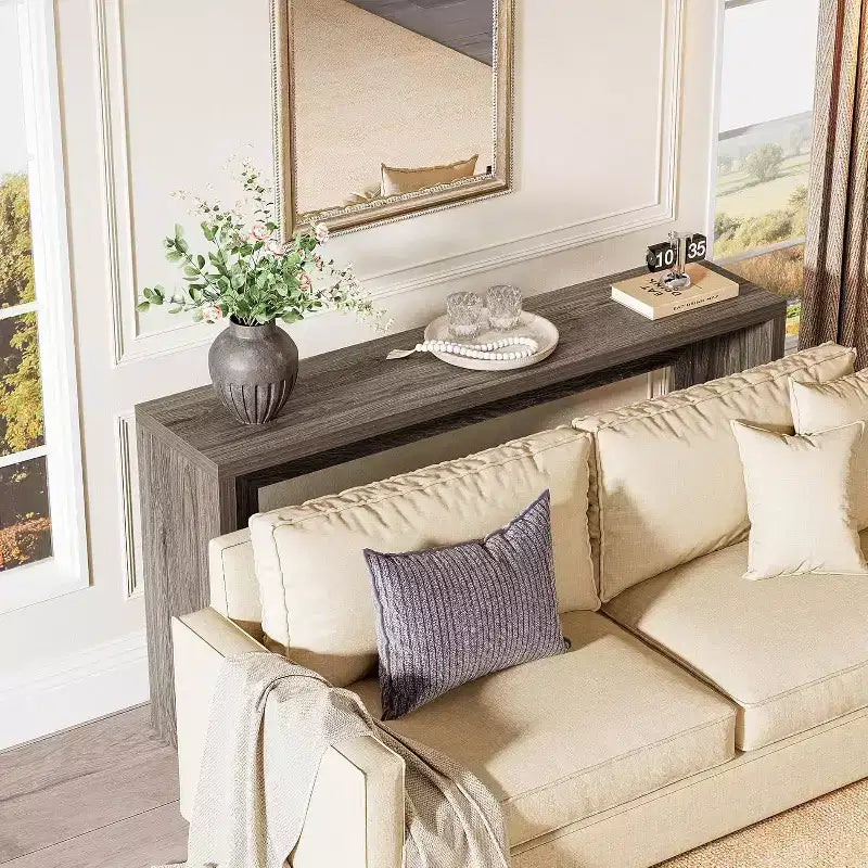 Console de ferme Lantine, table de canapé en bois de 140 cm avec rangement pour entrée, foyer, couloir, salon, assemblage facile (gris)