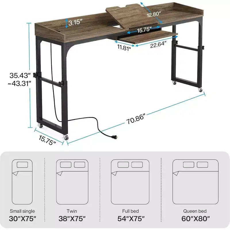 Table de lit réglable Lantine sur roulettes, avec prises, ports USB, support inclinable ; bureau roulant portable pour lit queen size, utilisation pour grand ordinateur.