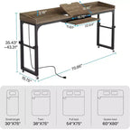 Table de lit réglable Lantine sur roulettes, avec prises, ports USB, support inclinable ; bureau roulant portable pour lit queen size, utilisation pour grand ordinateur.