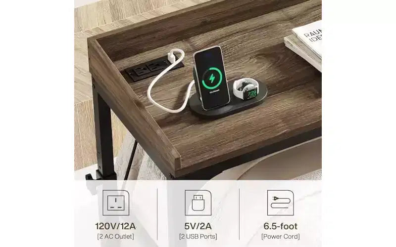 Table de lit réglable Lantine sur roulettes, avec prises, ports USB, support inclinable ; bureau roulant portable pour lit queen size, utilisation pour grand ordinateur.
