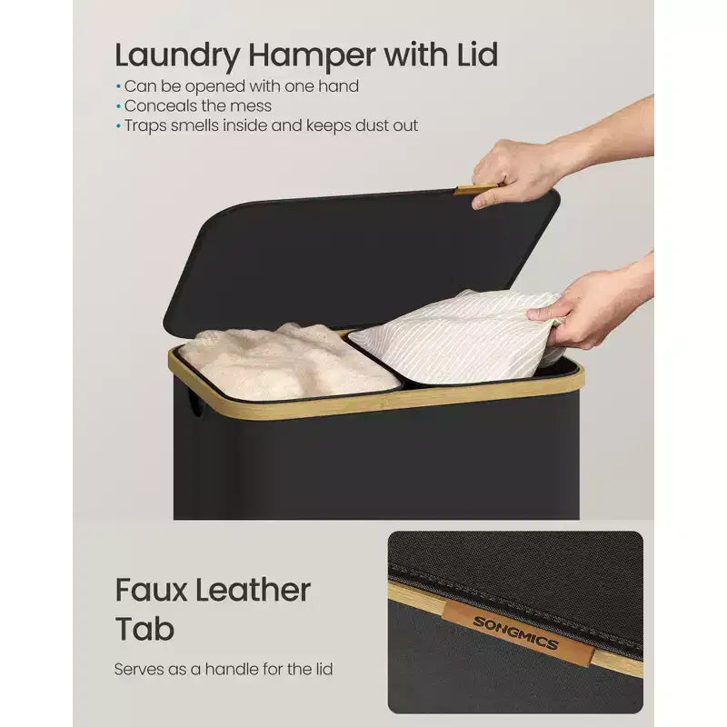 SONGMICS Panier à Linge, Trieur de Linge avec Couvercle, Bac de Rangement, Sacs Amovibles, Cadre en Bambou, 2 Sections, 150 L