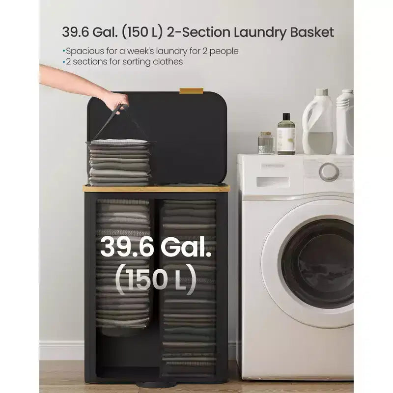 SONGMICS Panier à Linge, Trieur de Linge avec Couvercle, Bac de Rangement, Sacs Amovibles, Cadre en Bambou, 2 Sections, 150 L