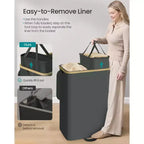 SONGMICS Panier à Linge, Trieur de Linge avec Couvercle, Bac de Rangement, Sacs Amovibles, Cadre en Bambou, 2 Sections, 150 L