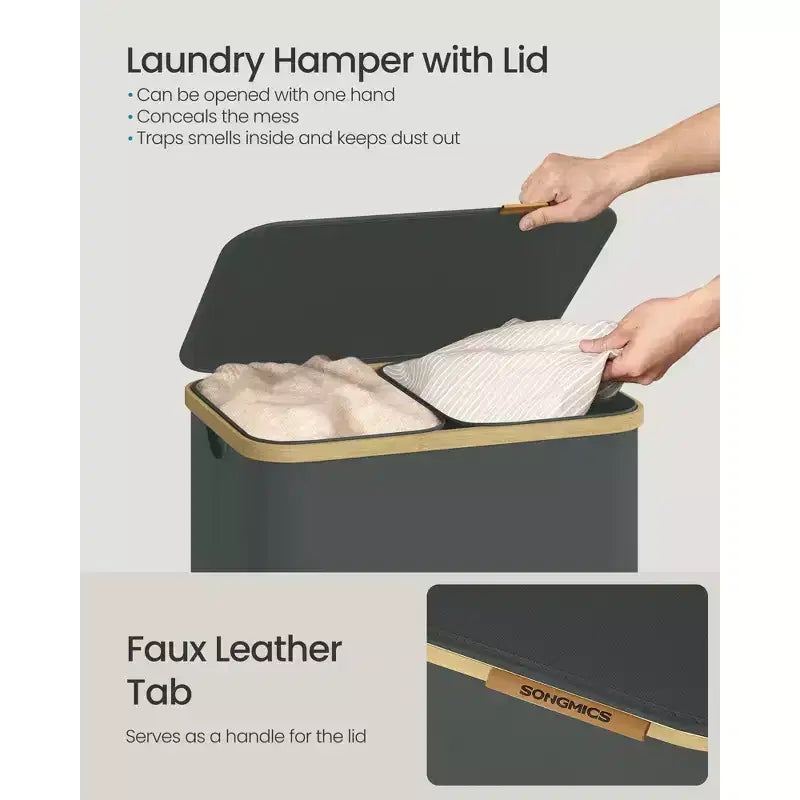 SONGMICS Panier à Linge, Trieur de Linge avec Couvercle, Bac de Rangement, Sacs Amovibles, Cadre en Bambou, 2 Sections, 150 L