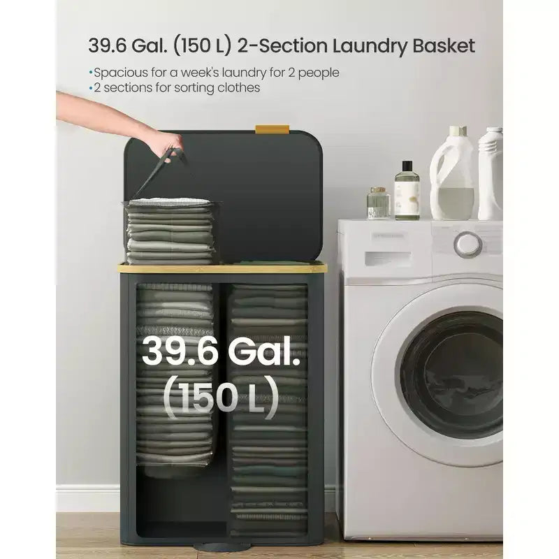 SONGMICS Panier à Linge, Trieur de Linge avec Couvercle, Bac de Rangement, Sacs Amovibles, Cadre en Bambou, 2 Sections, 150 L