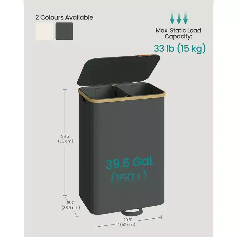 SONGMICS Panier à Linge, Trieur de Linge avec Couvercle, Bac de Rangement, Sacs Amovibles, Cadre en Bambou, 2 Sections, 150 L