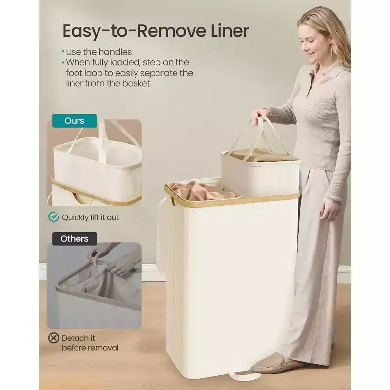 SONGMICS Panier à Linge, Trieur de Linge avec Couvercle, Bac de Rangement, Sacs Amovibles, Cadre en Bambou, 2 Sections, 150 L
