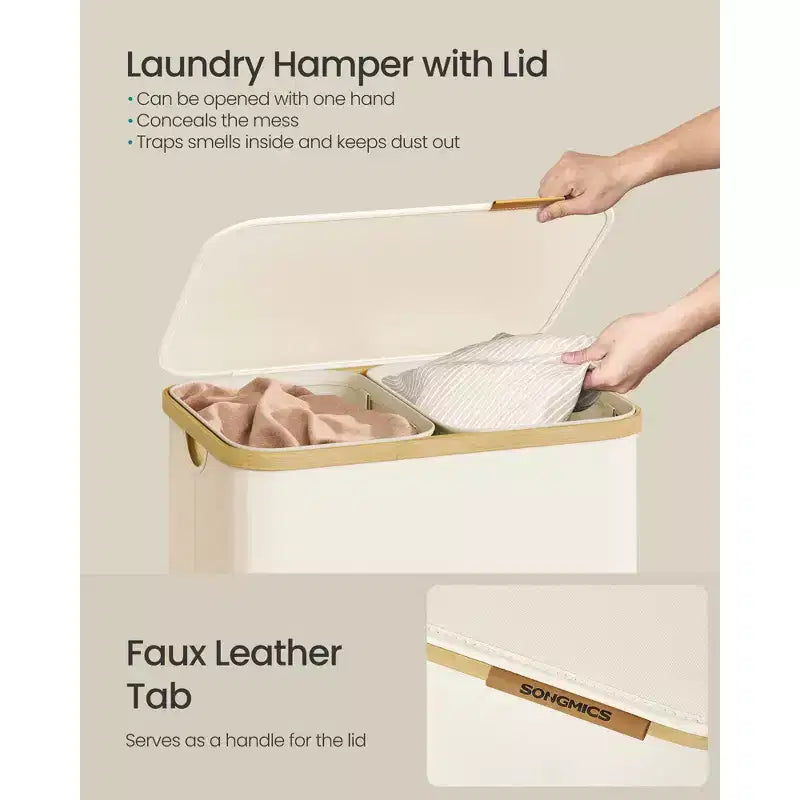 SONGMICS Panier à Linge, Trieur de Linge avec Couvercle, Bac de Rangement, Sacs Amovibles, Cadre en Bambou, 2 Sections, 150 L