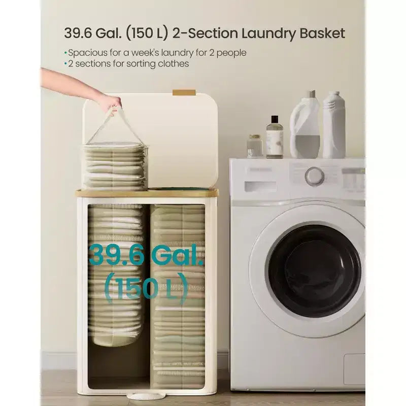 SONGMICS Panier à Linge, Trieur de Linge avec Couvercle, Bac de Rangement, Sacs Amovibles, Cadre en Bambou, 2 Sections, 150 L