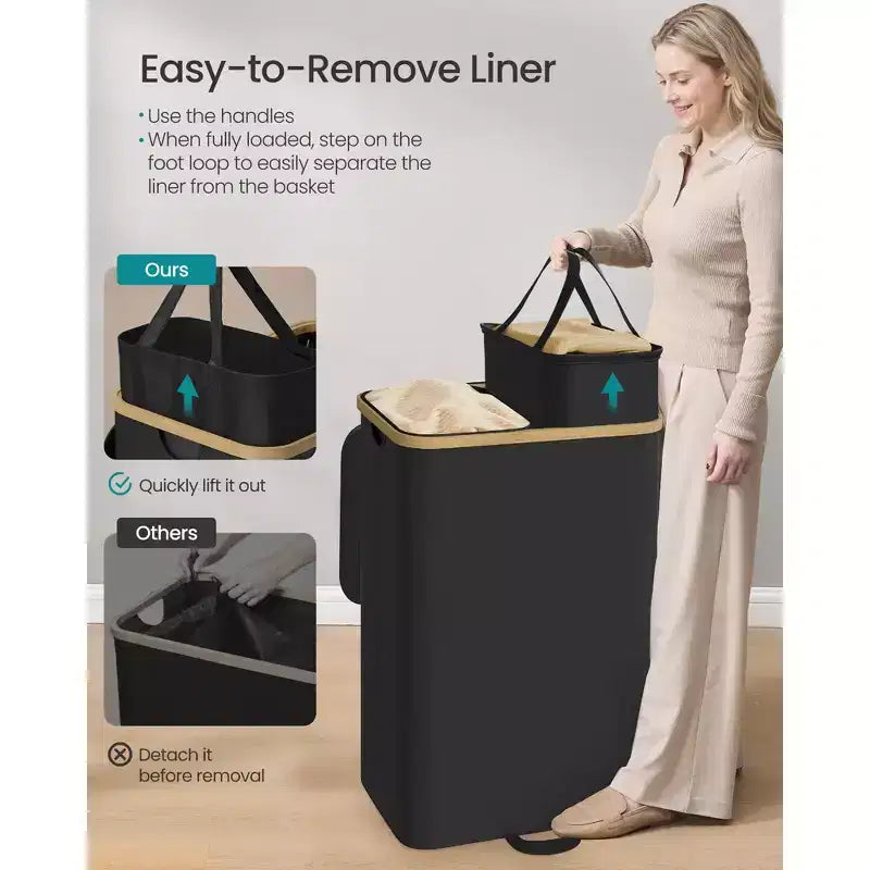 SONGMICS Panier à Linge, Trieur de Linge avec Couvercle, Bac de Rangement, Sacs Amovibles, Cadre en Bambou, 2 Sections, 150 L