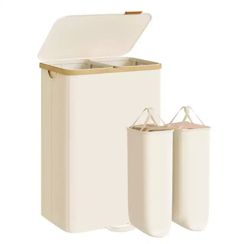 SONGMICS Laundry Hamper, Laundry Sorter with Lid, Storage Basket Bin, Removable Liners, Bamboo Frame, 2 Sections, 39.6 Gal. (150 L)