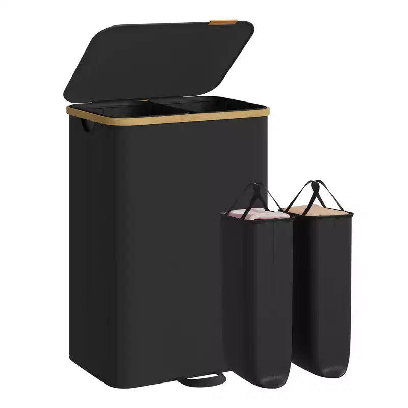 SONGMICS Panier à Linge, Trieur de Linge avec Couvercle, Bac de Rangement, Sacs Amovibles, Cadre en Bambou, 2 Sections, 150 L